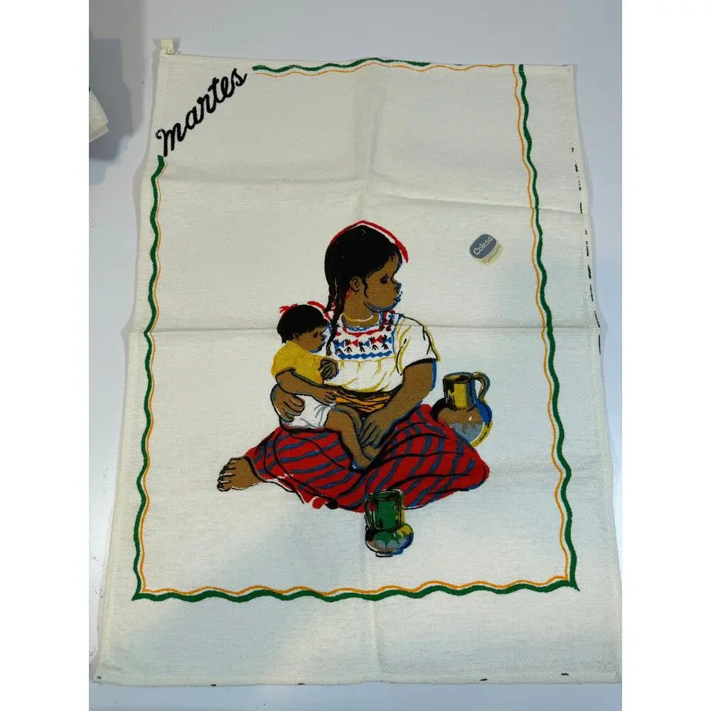 Vintage MCM Spanish Print Cotesa Tea Towels days of the week NO DOMINGO